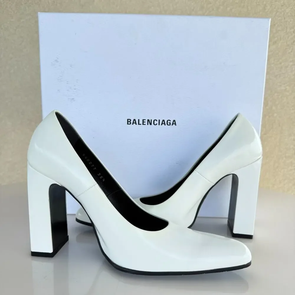 NIB Balenciaga Round 110 White Shiny Patent Leather High Heel Pumps Size 35.5
